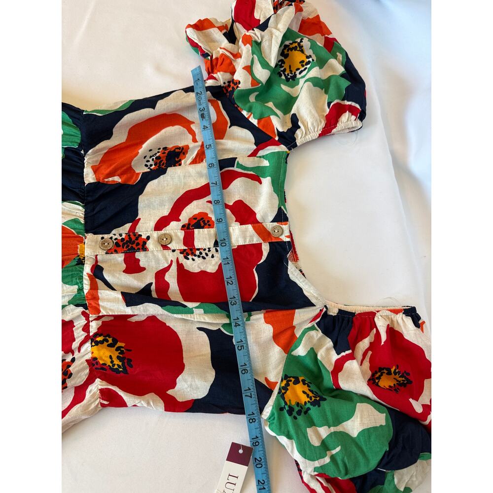 Vibrant Floral Midi Dress Size L NWT Puff Sleeve Linen Blend Summer Events Dress - Picture 6 of 9